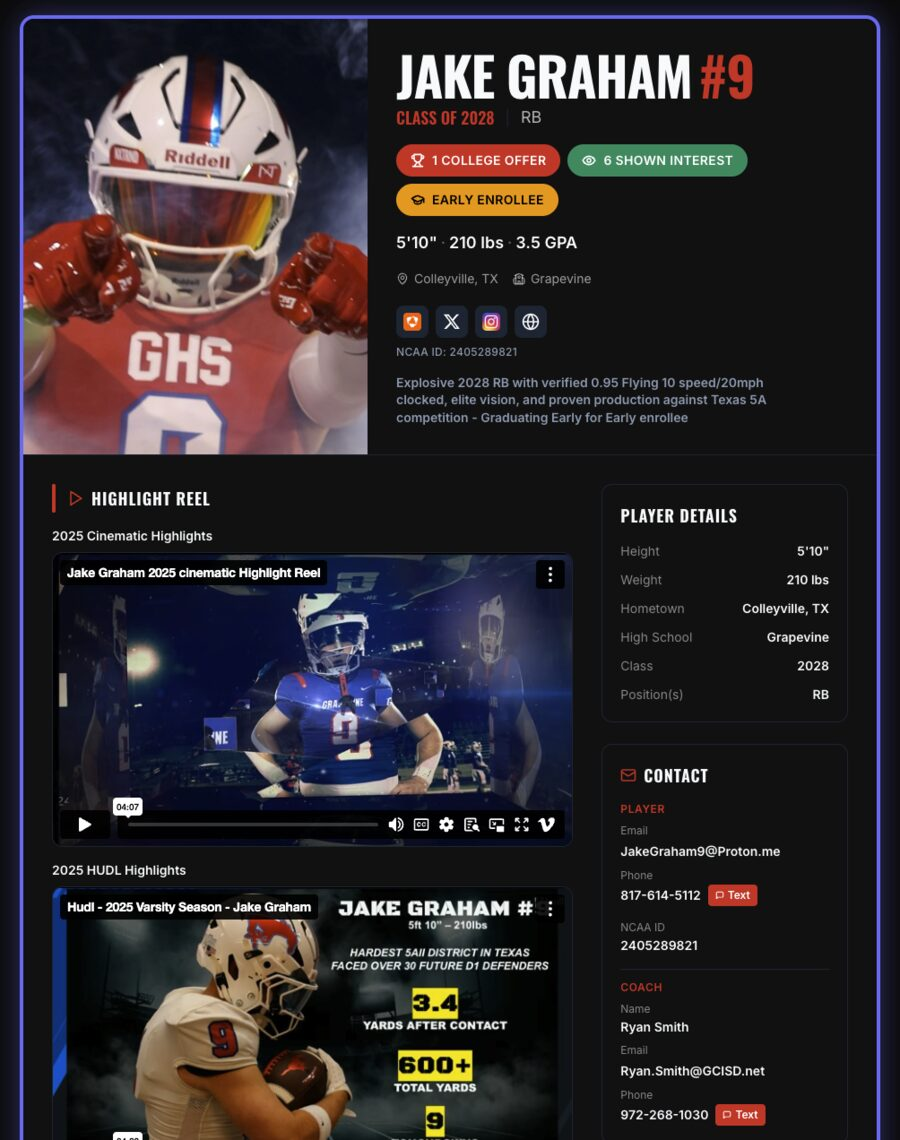 Example X&O recruiting profile card — Jake Graham
