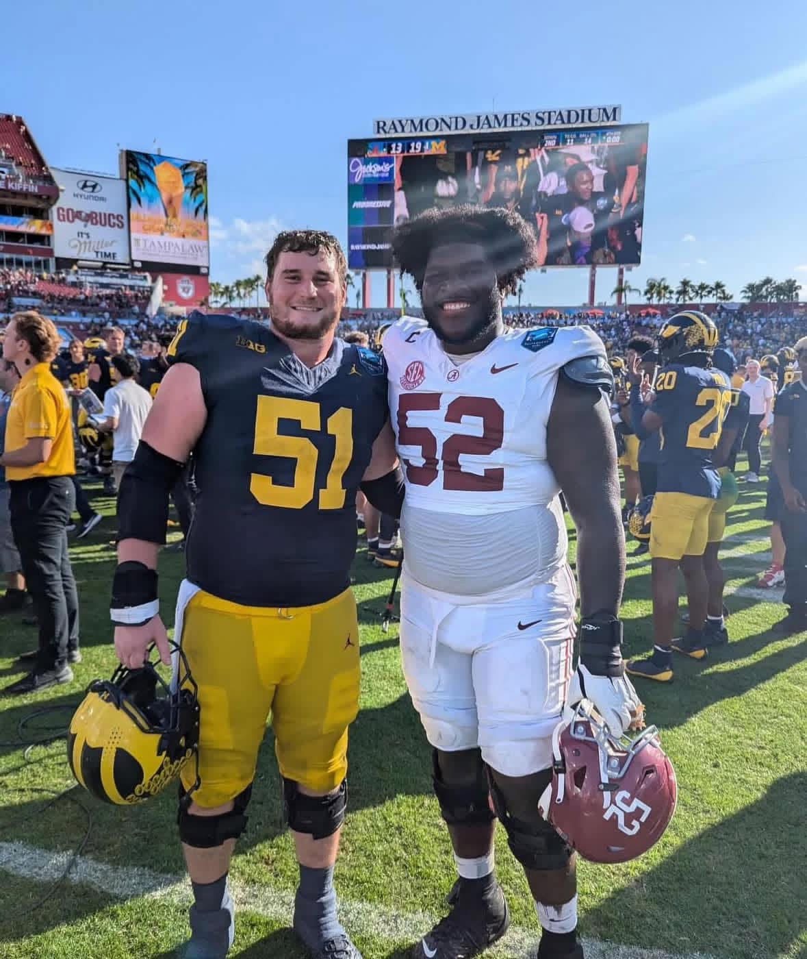 Michigan and Alabama players postgame at Raymond James Stadium